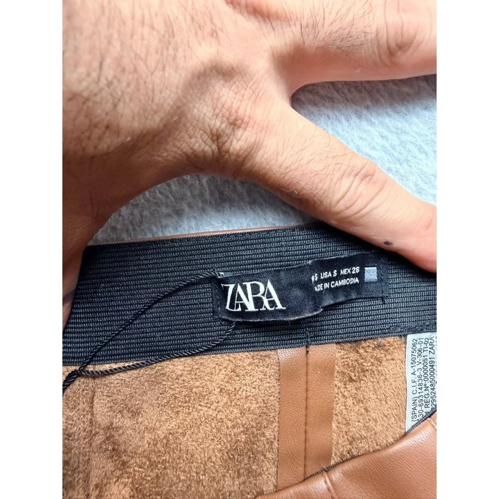 Zara Faux Leather High Rise Straight Leg Pants Cognac Brown Women Small